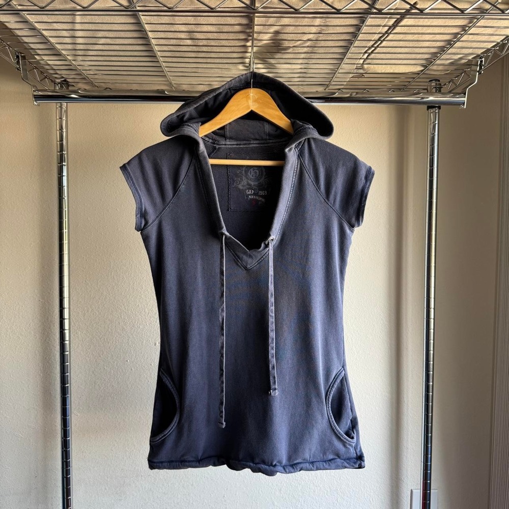 Gap 1969 Womens Sleeveless Hooded Tee Faded Navy Blue Y2K Streetwear Small